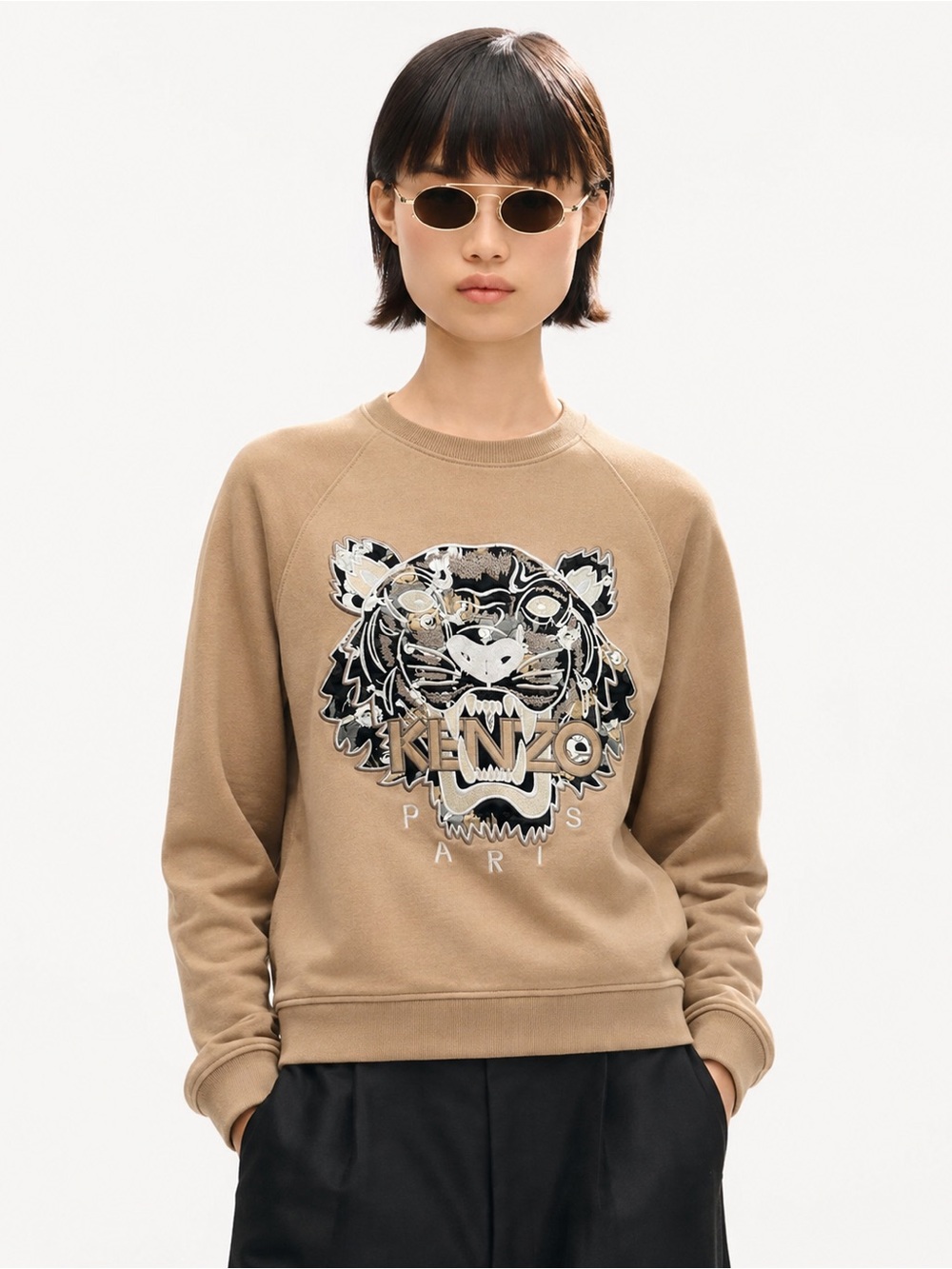 Vintage Kenzo Tiger Embroidered Cotton Sweatshirt Beige Small